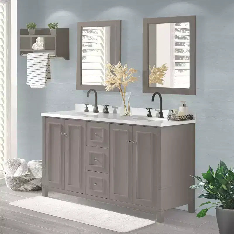 Meuble-lavabo de salle de bain double 60 po - Meuble autoportant sans comptoir, gris