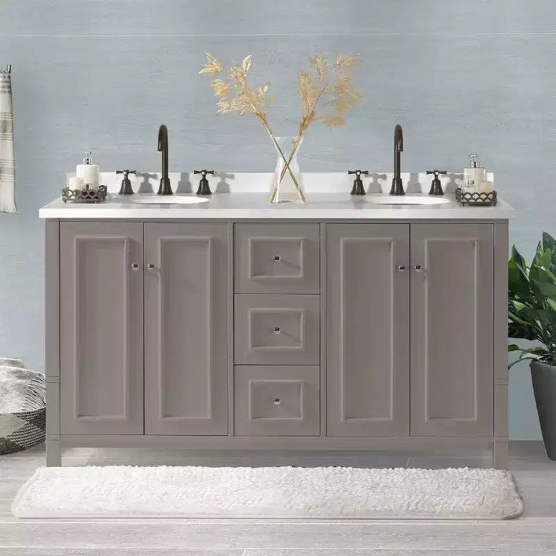 Meuble-lavabo de salle de bain double 60 po - Meuble autoportant sans comptoir, gris