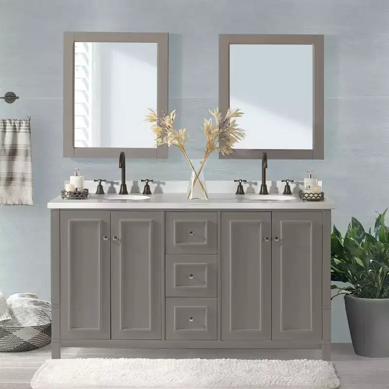 Meuble-lavabo de salle de bain double 60 po - Meuble autoportant sans comptoir, gris