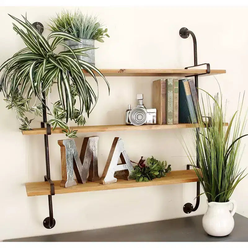 Mur en bois 38"X38" 3 L L avec supports métalliques marron - Style industriel, aucun assemblage requis