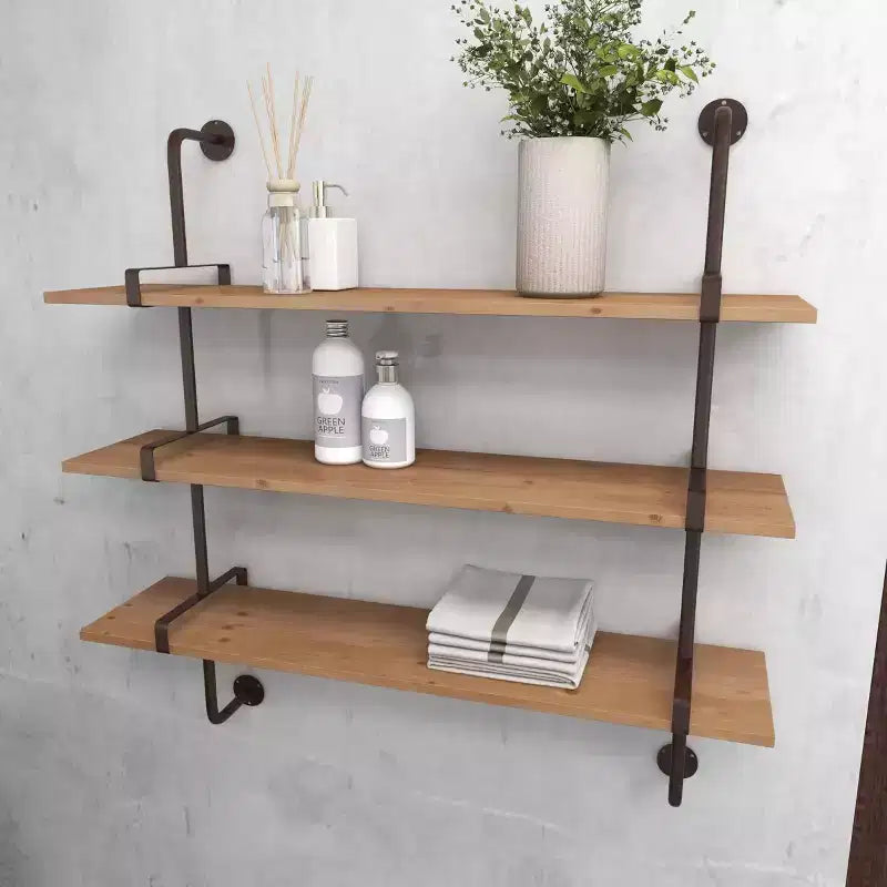 Mur en bois 38"X38" 3 L L avec supports métalliques marron - Style industriel, aucun assemblage requis