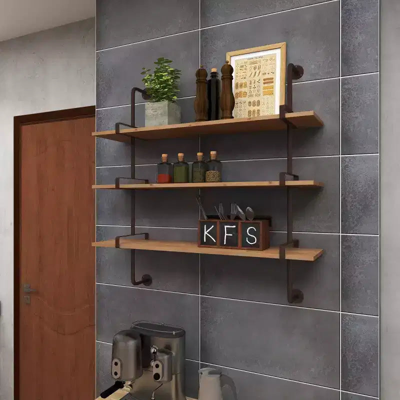Mur en bois 38"X38" 3 L L avec supports métalliques marron - Style industriel, aucun assemblage requis