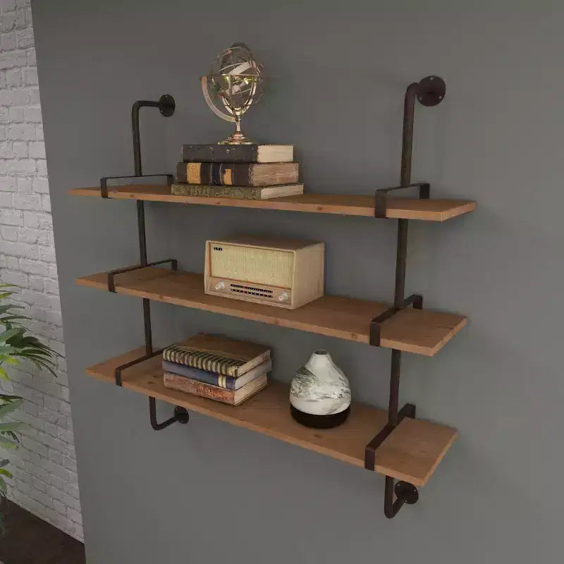 Mur en bois 38"X38" 3 L L avec supports métalliques marron - Style industriel, aucun assemblage requis