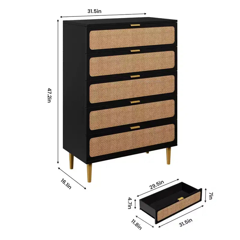 Commode de chambre à 5/6 tiroirs en rotin, grande commode double avec tiroirs profonds, commode de rangement pour placard avec plateau large