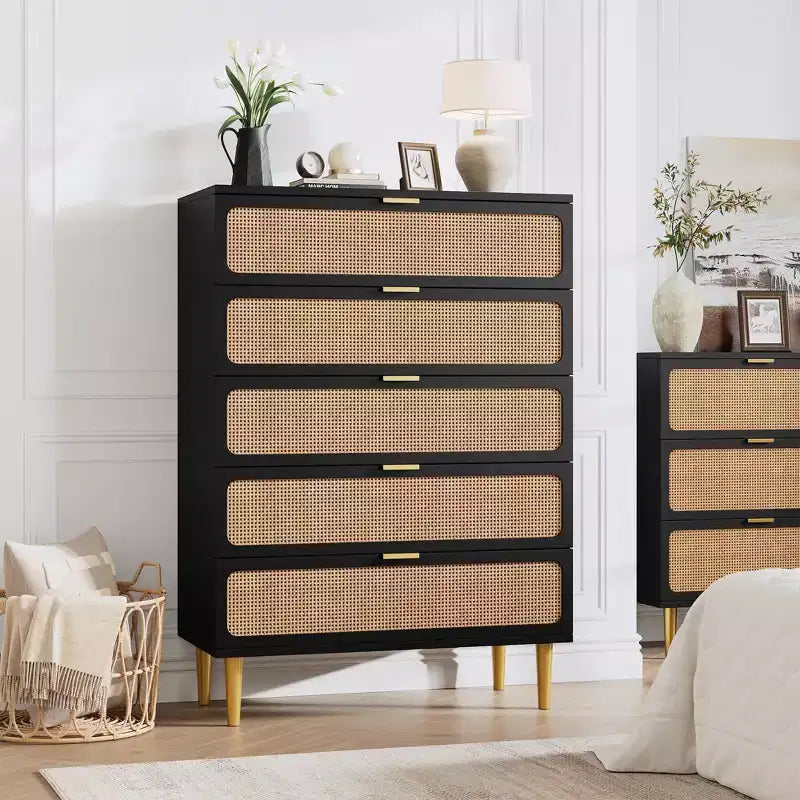 Commode de chambre à 5/6 tiroirs en rotin, grande commode double avec tiroirs profonds, commode de rangement pour placard avec plateau large