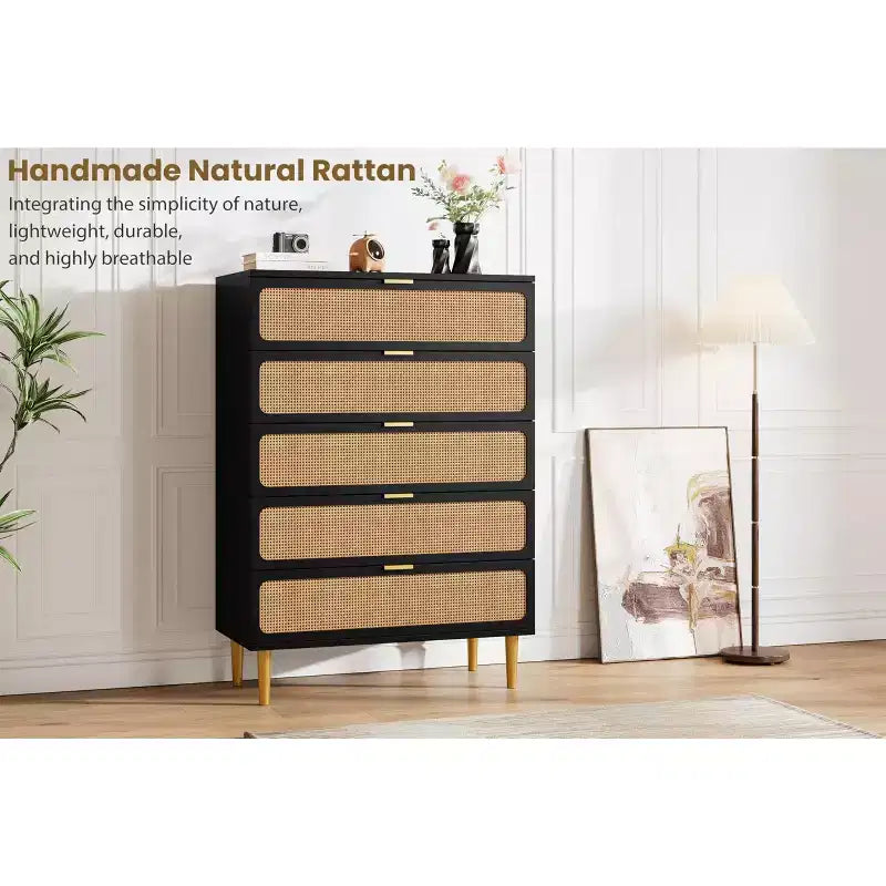 Commode de chambre à 5/6 tiroirs en rotin, grande commode double avec tiroirs profonds, commode de rangement pour placard avec plateau large