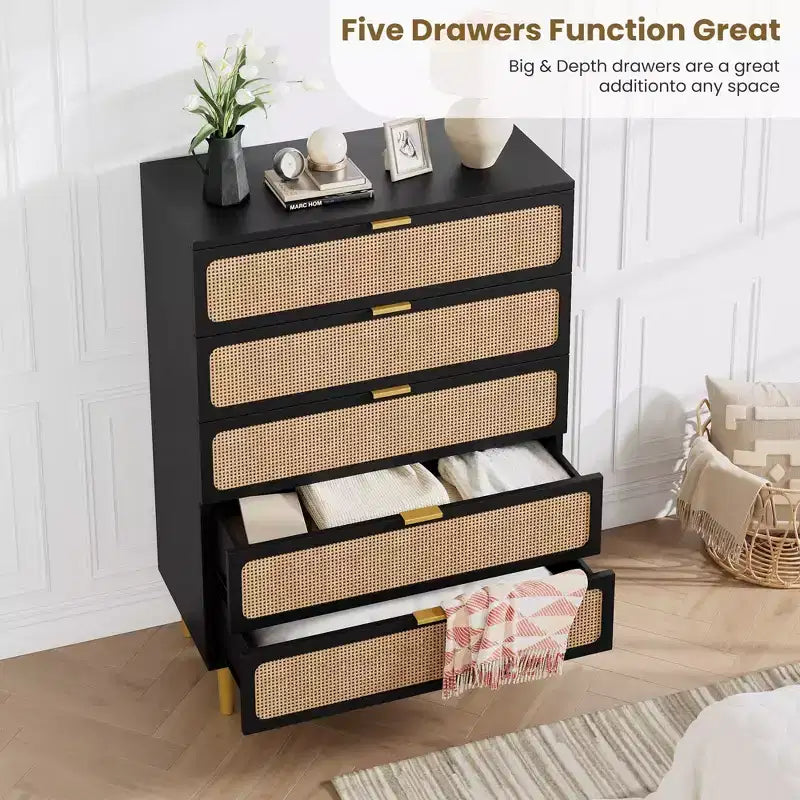 Commode de chambre à 5/6 tiroirs en rotin, grande commode double avec tiroirs profonds, commode de rangement pour placard avec plateau large