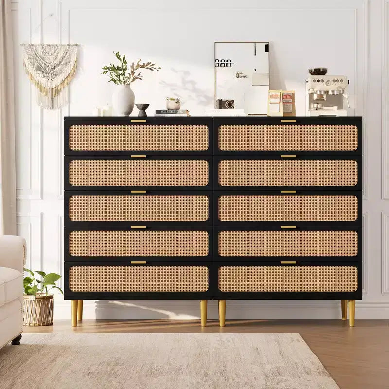 Commode de chambre à 5/6 tiroirs en rotin, grande commode double avec tiroirs profonds, commode de rangement pour placard avec plateau large