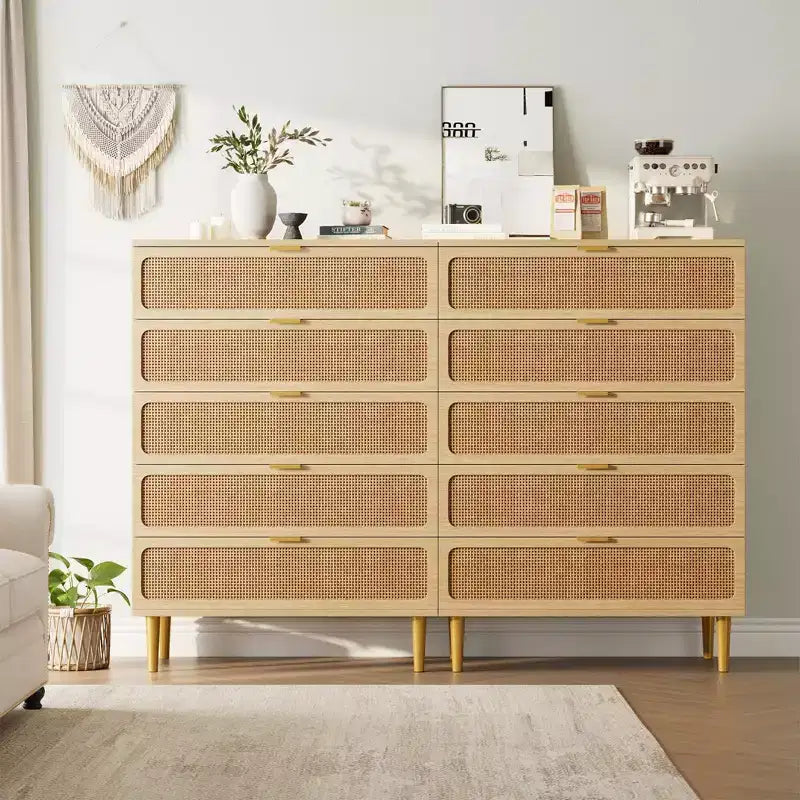 Commode de chambre à 5/6 tiroirs en rotin, grande commode double avec tiroirs profonds, commode de rangement pour placard avec plateau large