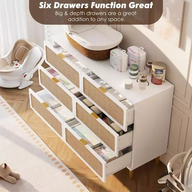 Commode de chambre à 5/6 tiroirs en rotin, grande commode double avec tiroirs profonds, commode de rangement pour placard avec plateau large