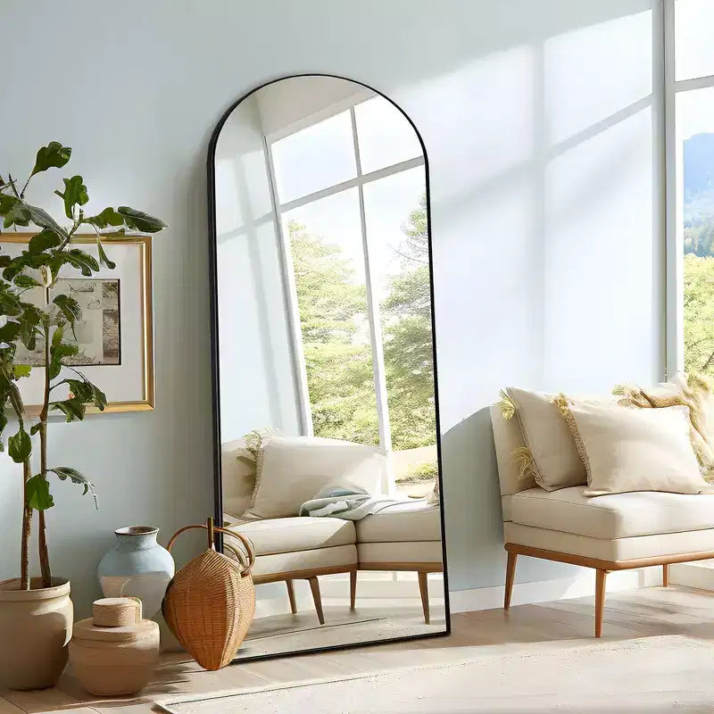 Miroir mural/sur pied pleine longueur surdimensionné en bois arqué, noir, 25 po L x 63 po H