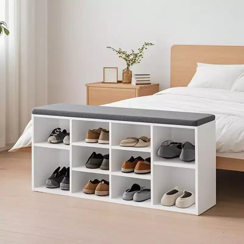Banc à chaussures élégant avec assise coussinée et 10 compartiments - Solution de rangement polyvalente pour l'entrée et la chambre à coucher
