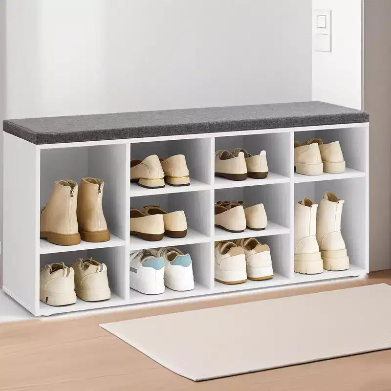 Banc à chaussures élégant avec assise coussinée et 10 compartiments - Solution de rangement polyvalente pour l'entrée et la chambre à coucher