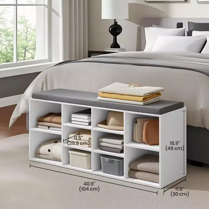 Banc à chaussures élégant avec assise coussinée et 10 compartiments - Solution de rangement polyvalente pour l'entrée et la chambre à coucher