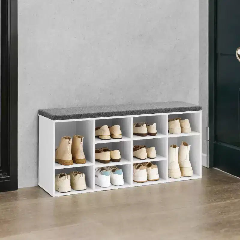 Banc à chaussures élégant avec assise coussinée et 10 compartiments - Solution de rangement polyvalente pour l'entrée et la chambre à coucher