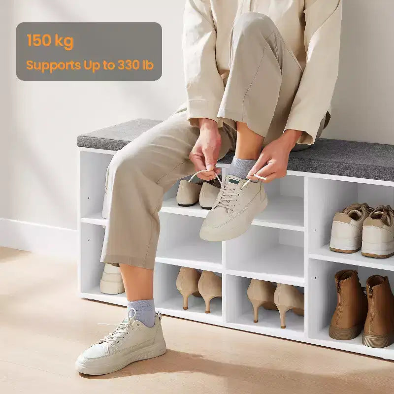Banc à chaussures élégant avec assise coussinée et 10 compartiments - Solution de rangement polyvalente pour l'entrée et la chambre à coucher