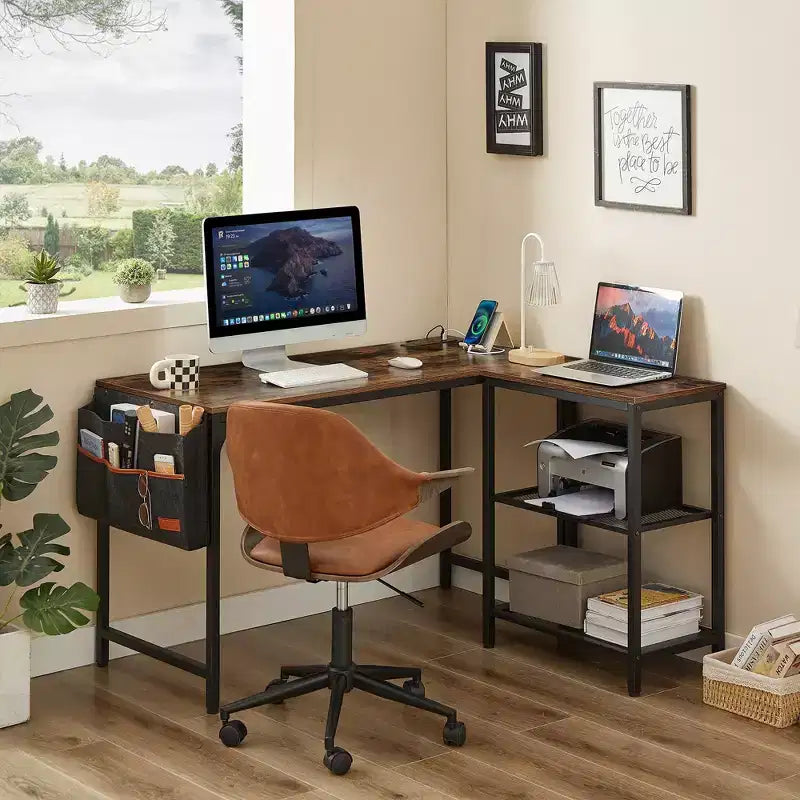 Bureau d'ordinateur d'angle industriel en L avec 2 étagères ouvertes et pochette de rangement, Marron