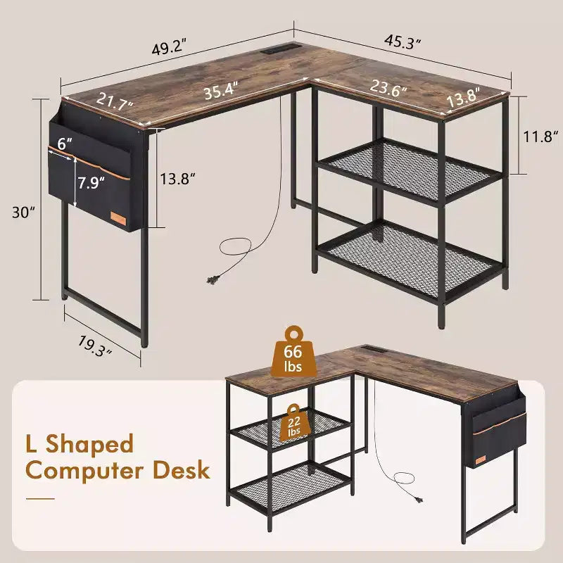 Bureau d'ordinateur d'angle industriel en L avec 2 étagères ouvertes et pochette de rangement, Marron
