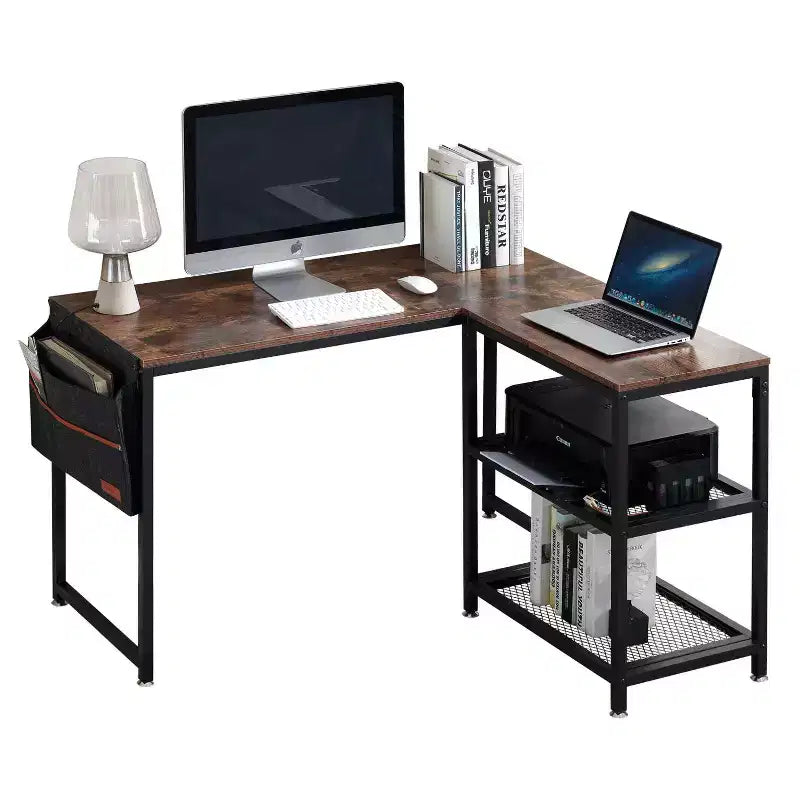 Bureau d'ordinateur d'angle industriel en L avec 2 étagères ouvertes et pochette de rangement, Marron
