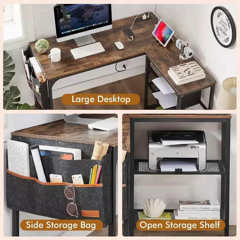 Bureau d'ordinateur d'angle industriel en L avec 2 étagères ouvertes et pochette de rangement, Marron