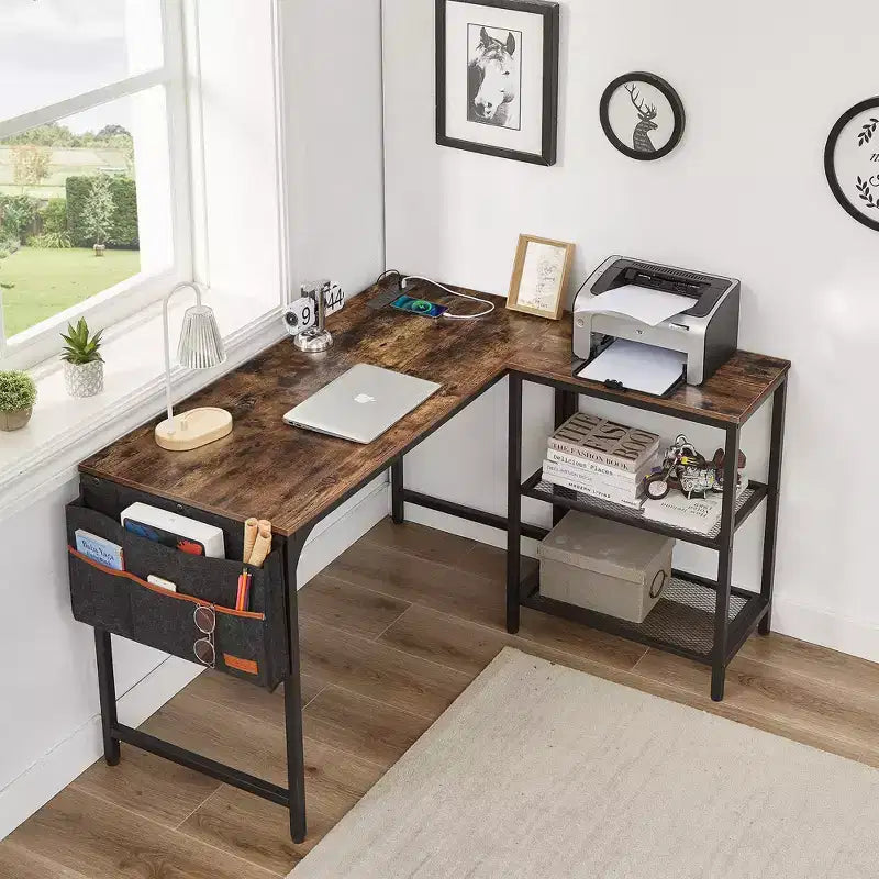 Bureau d'ordinateur d'angle industriel en L avec 2 étagères ouvertes et pochette de rangement, Marron