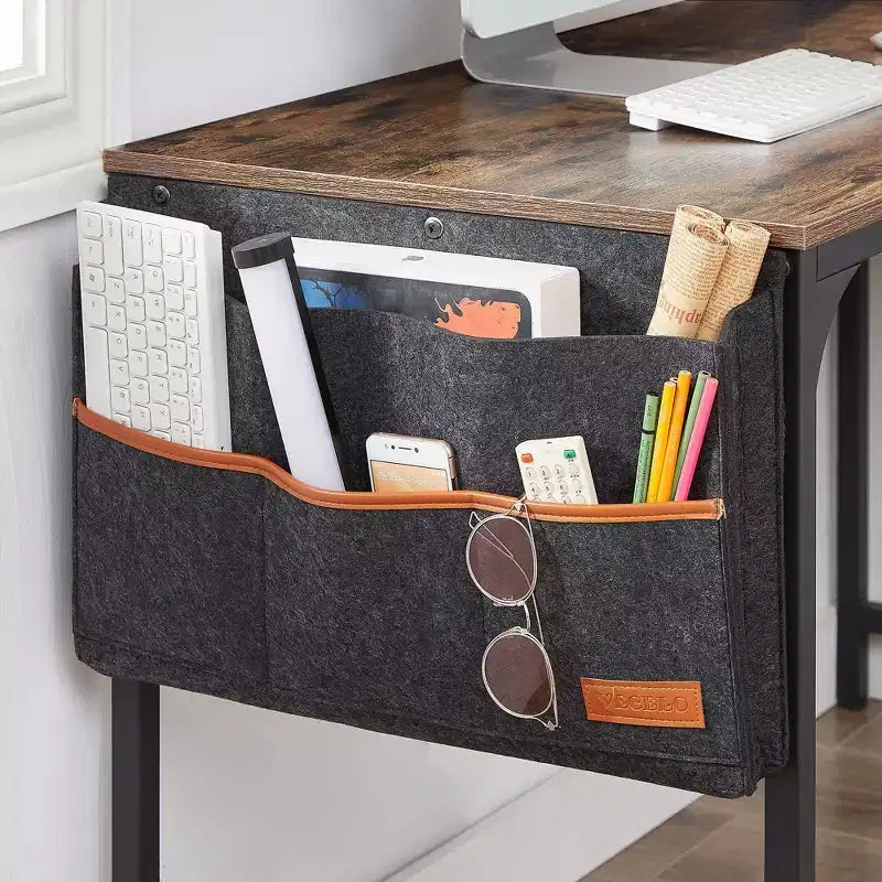 Bureau d'ordinateur d'angle industriel en L avec 2 étagères ouvertes et pochette de rangement, Marron