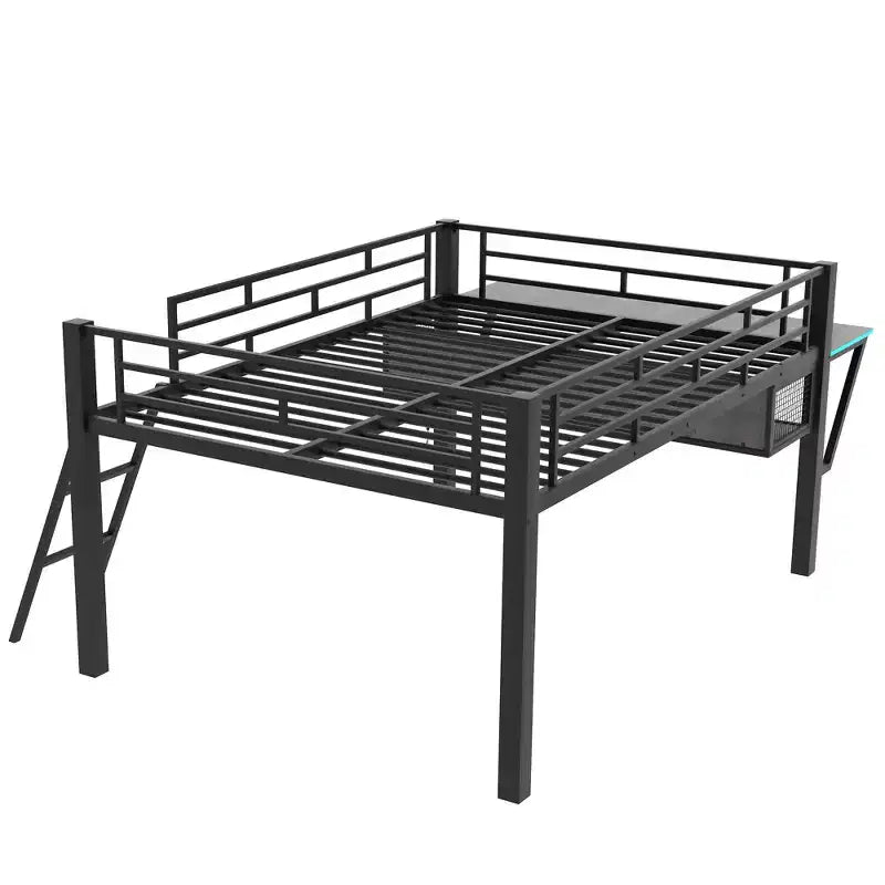 Lit mezzanine en métal noir de style gaming de 235,7 cm (L) x 105,9 cm (l) avec bureau intégré, échelle et étagère
