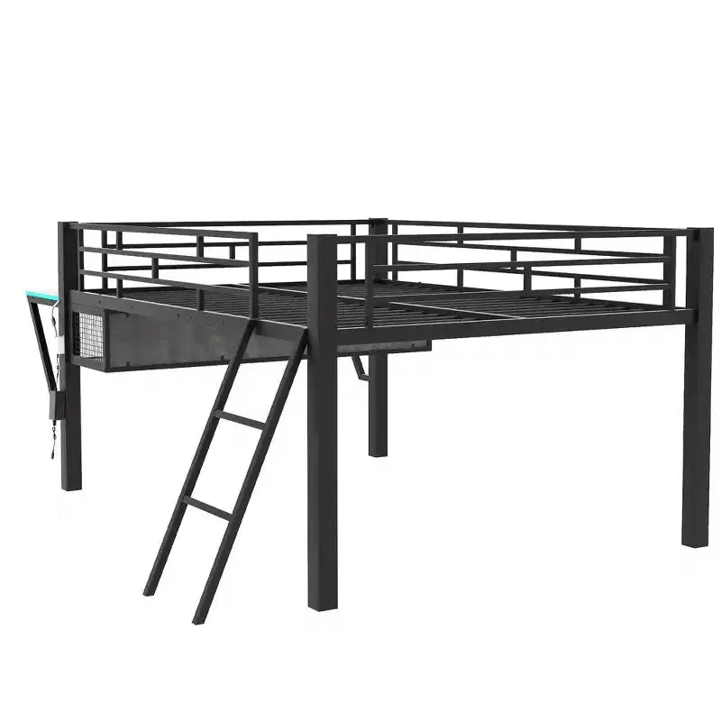 Lit mezzanine en métal noir de style gaming de 235,7 cm (L) x 105,9 cm (l) avec bureau intégré, échelle et étagère