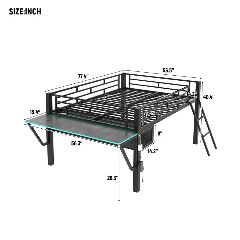 Lit mezzanine en métal noir de style gaming de 235,7 cm (L) x 105,9 cm (l) avec bureau intégré, échelle et étagère