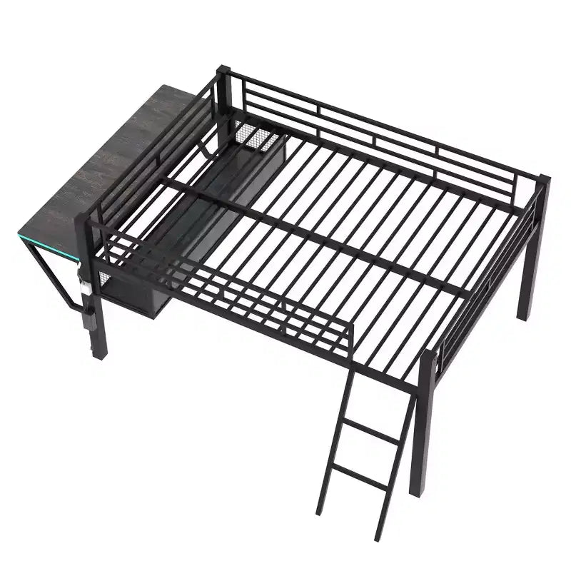 Lit mezzanine en métal noir de style gaming de 235,7 cm (L) x 105,9 cm (l) avec bureau intégré, échelle et étagère