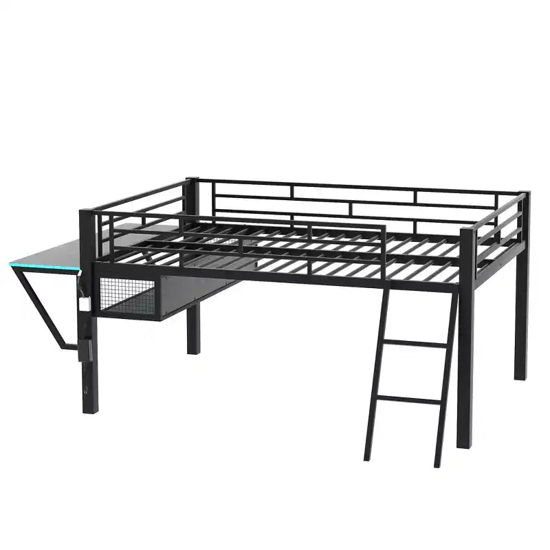 Lit mezzanine en métal noir de style gaming de 235,7 cm (L) x 105,9 cm (l) avec bureau intégré, échelle et étagère