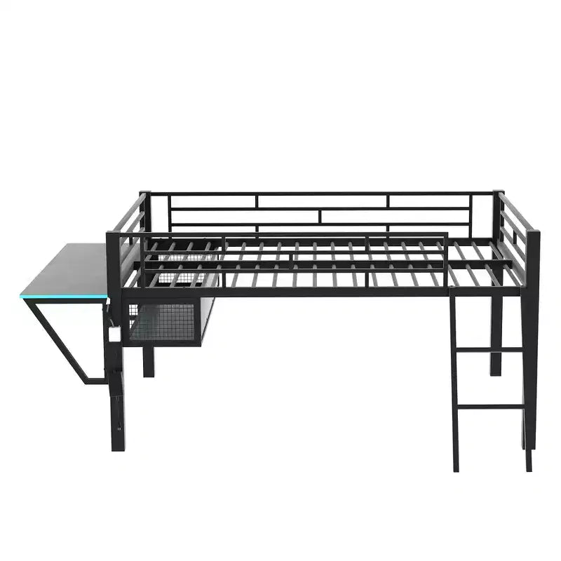 Lit mezzanine en métal noir de style gaming de 235,7 cm (L) x 105,9 cm (l) avec bureau intégré, échelle et étagère