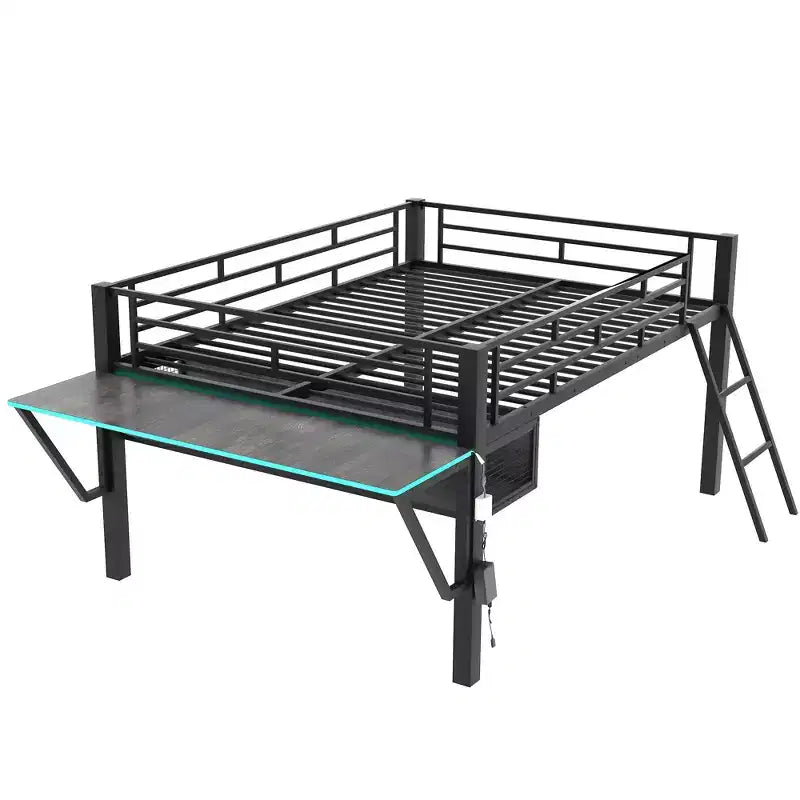 Lit mezzanine en métal noir de style gaming de 235,7 cm (L) x 105,9 cm (l) avec bureau intégré, échelle et étagère