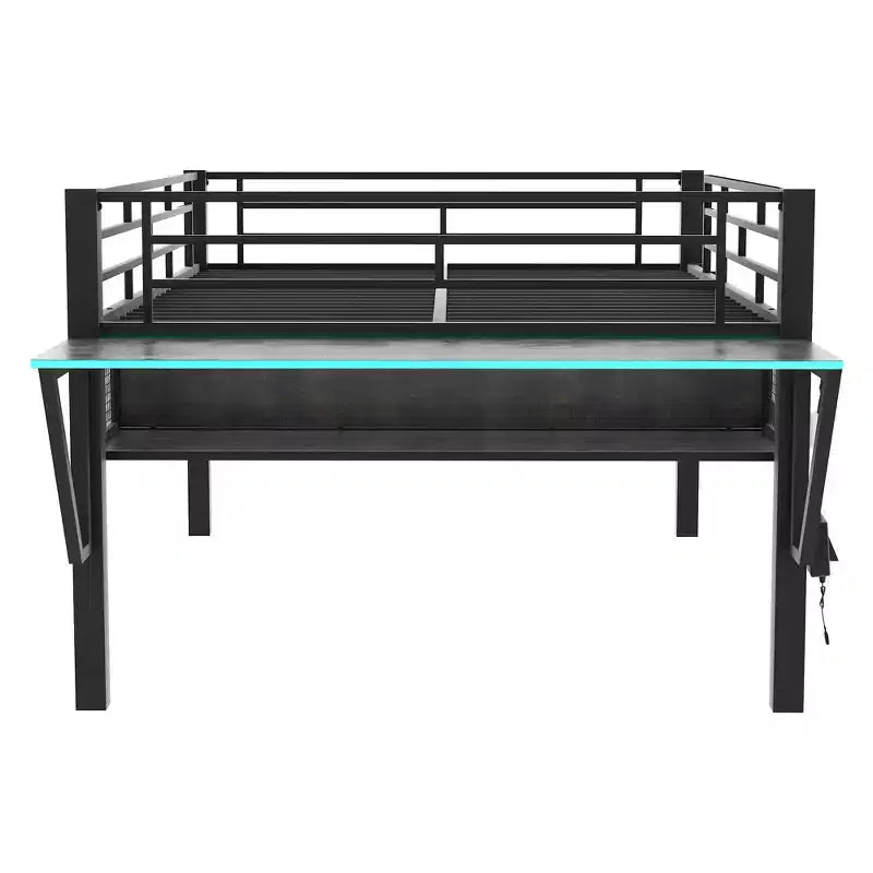 Lit mezzanine en métal noir de style gaming de 235,7 cm (L) x 105,9 cm (l) avec bureau intégré, échelle et étagère