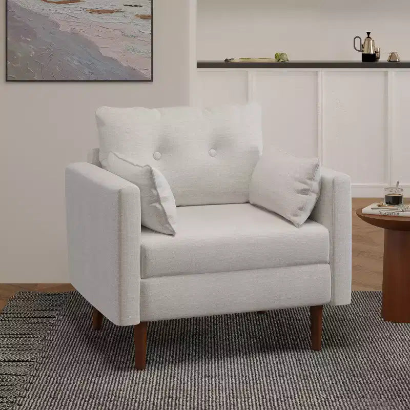 Fauteuil club capitonné en tissu, style milieu de siècle, avec coussins décoratifs