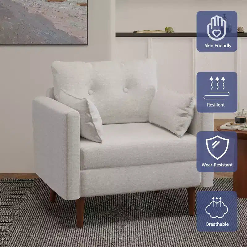 Fauteuil club capitonné en tissu, style milieu de siècle, avec coussins décoratifs