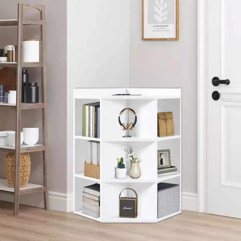 Étagère de rangement d'angle 9 cubes avec ports USB, prises, idéale pour les petits espaces