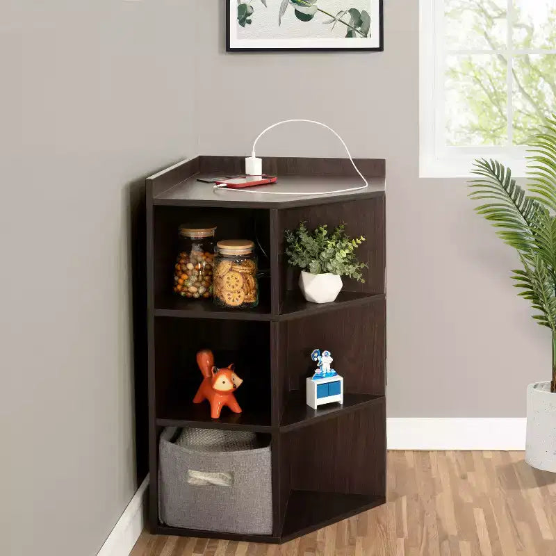 Étagère de rangement d'angle 9 cubes avec ports USB, prises, idéale pour les petits espaces