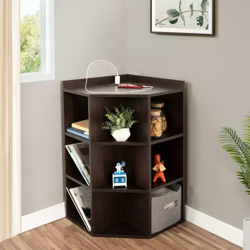 Étagère de rangement d'angle 9 cubes avec ports USB, prises, idéale pour les petits espaces