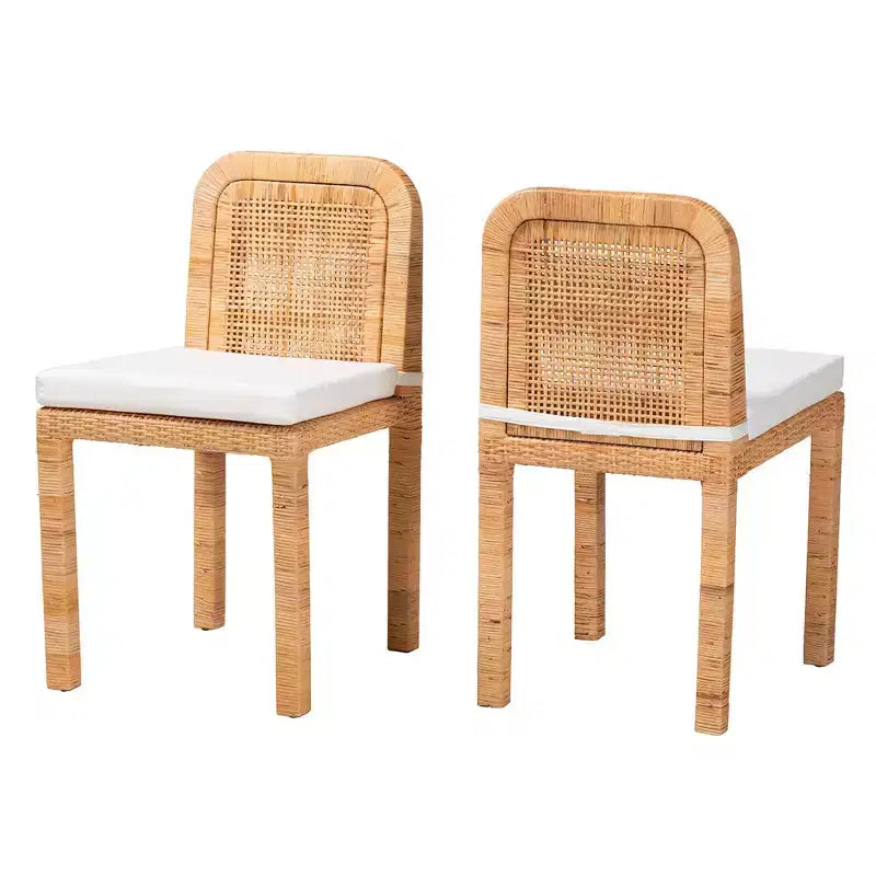 Chaises de salle à manger en rotin et acajou Blanc/Marron naturel - Fabriquées à la main, capitonnées, aucun assemblage requis
