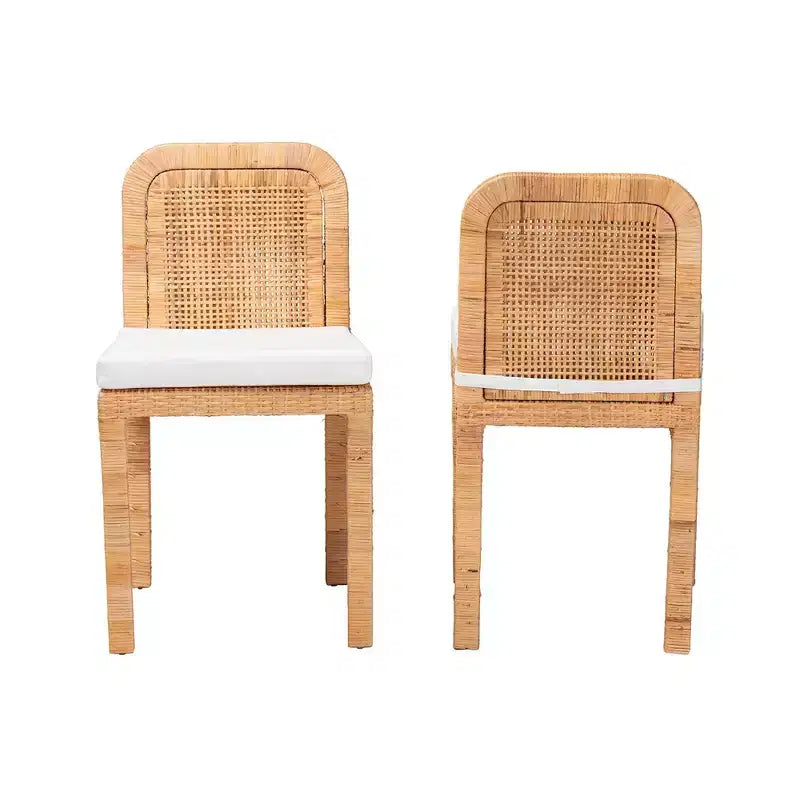 Chaises de salle à manger en rotin et acajou Blanc/Marron naturel - Fabriquées à la main, capitonnées, aucun assemblage requis