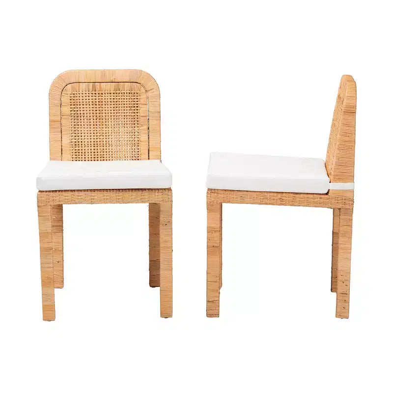 Chaises de salle à manger en rotin et acajou Blanc/Marron naturel - Fabriquées à la main, capitonnées, aucun assemblage requis