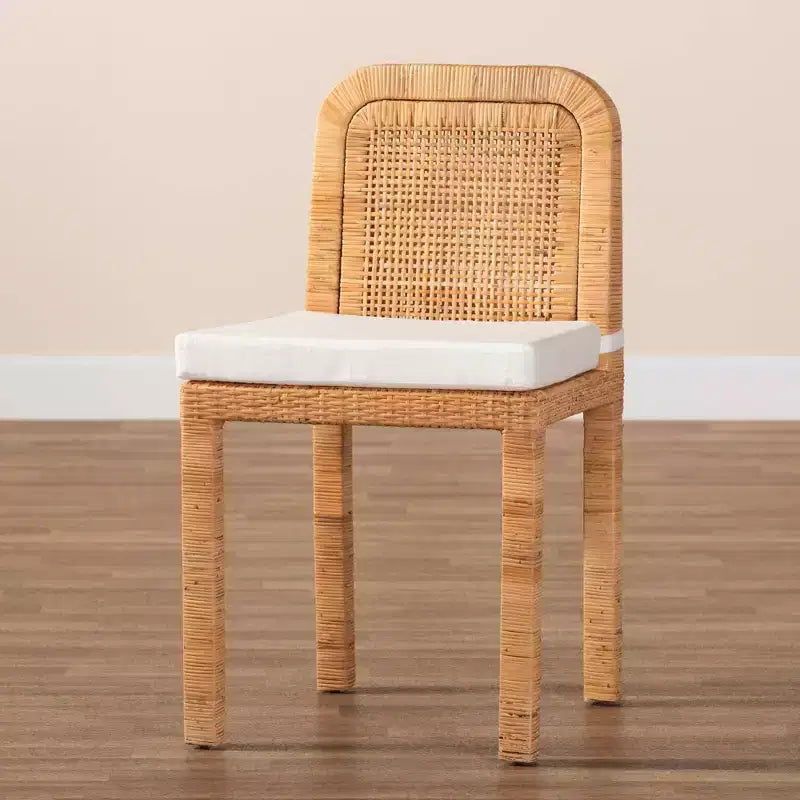 Chaises de salle à manger en rotin et acajou Blanc/Marron naturel - Fabriquées à la main, capitonnées, aucun assemblage requis