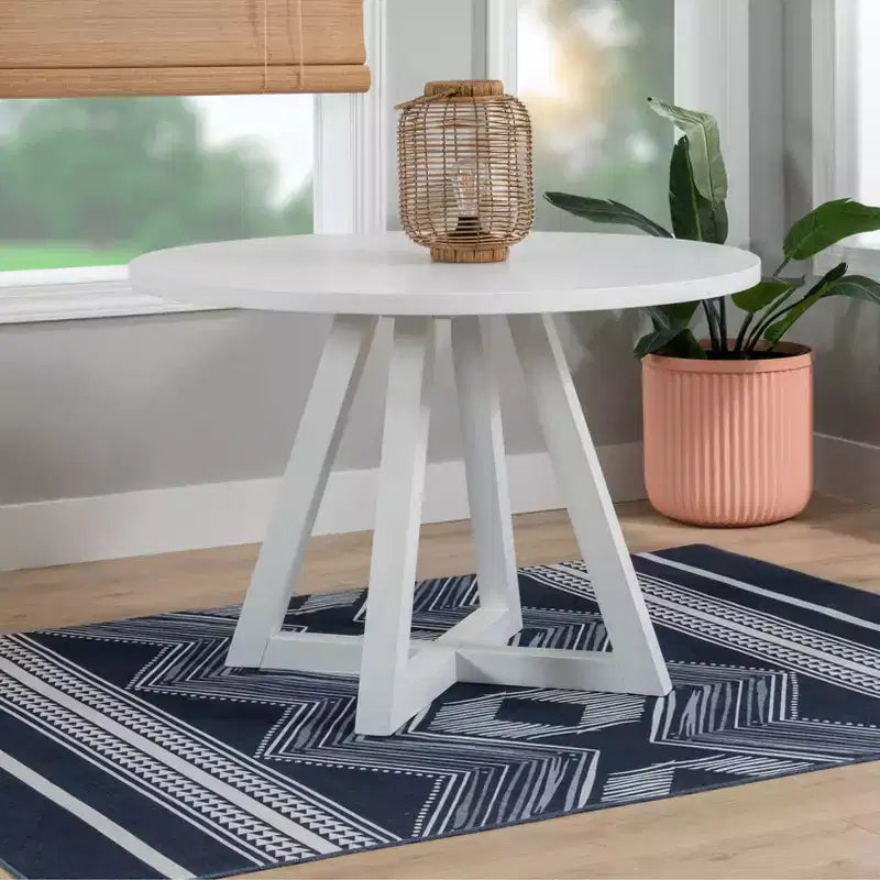 Table à manger ronde en bois massif, blanche : 4 places, pied central laqué, largeur 112 cm