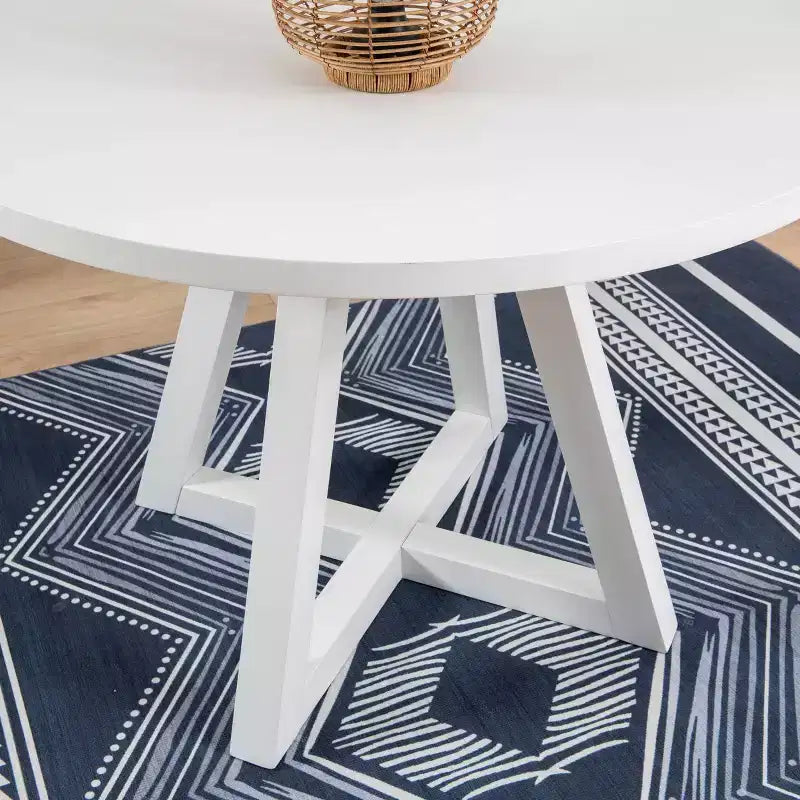 Table à manger ronde en bois massif, blanche : 4 places, pied central laqué, largeur 112 cm
