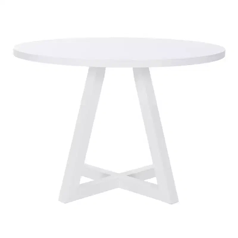 Table à manger ronde en bois massif, blanche : 4 places, pied central laqué, largeur 112 cm
