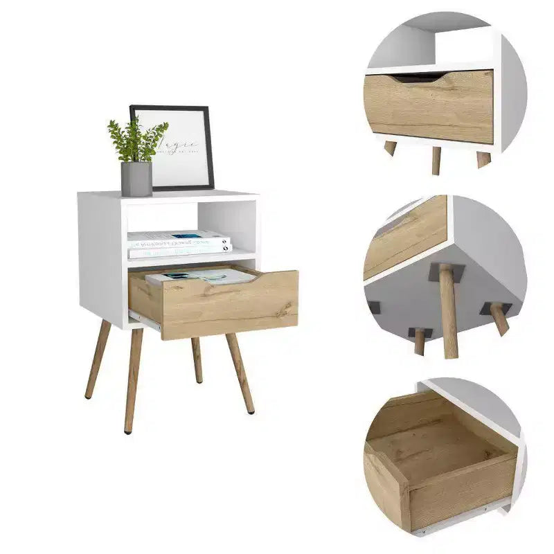 Table de chevet Blanc/Chêne clair - Design moderne, Étagère ouverte, Bois L Te