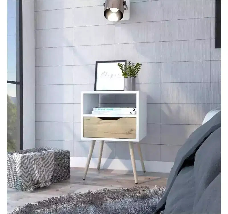 Table de chevet Blanc/Chêne clair - Design moderne, Étagère ouverte, Bois L Te