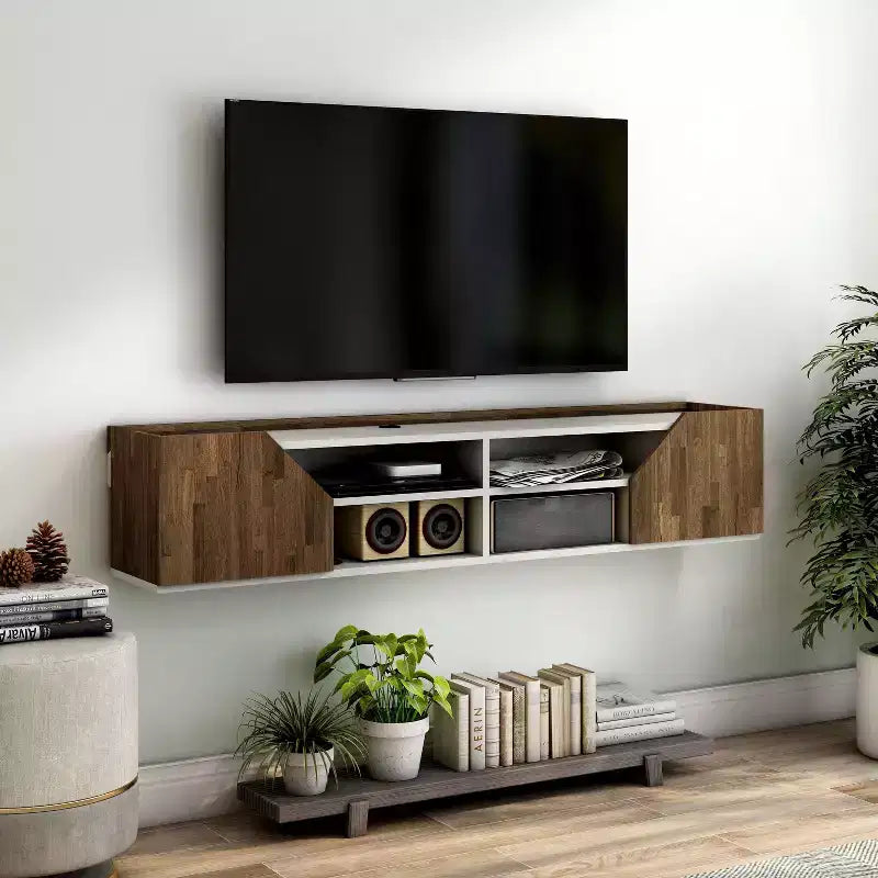 Meuble TV flottant de transition pour téléviseurs jusqu'à : Fixation murale, gestion des câbles, rangement