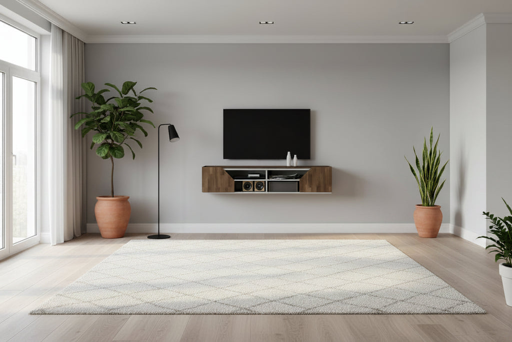 Meuble TV flottant de transition pour téléviseurs jusqu'à : Fixation murale, gestion des câbles, rangement